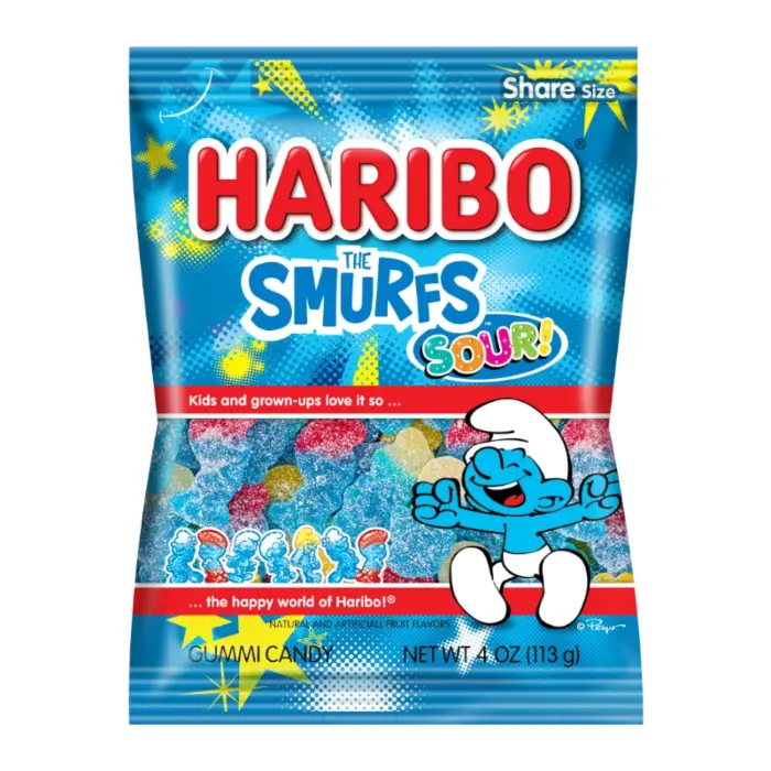 Haribo Sour Smurfs Peg Bag 12x4oz (Expiry May'26)