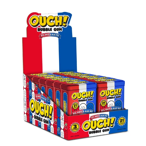 Ouch! Bubble Gum Tin Red, White & Blue 12x2oz